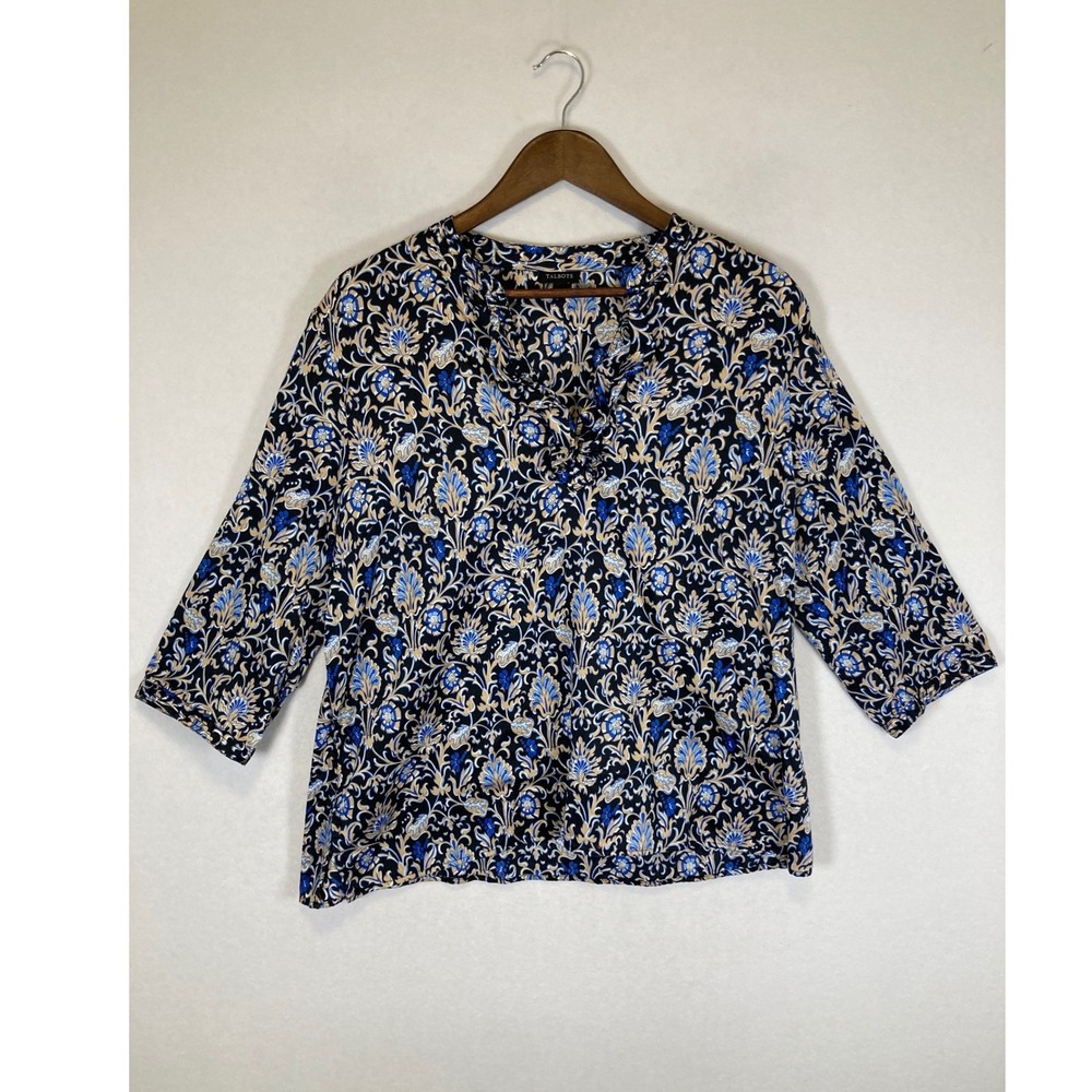 Bohemian Talbots Women Large Blue Floral Damask 100% Cotton 3/4 Sleeve Blouse